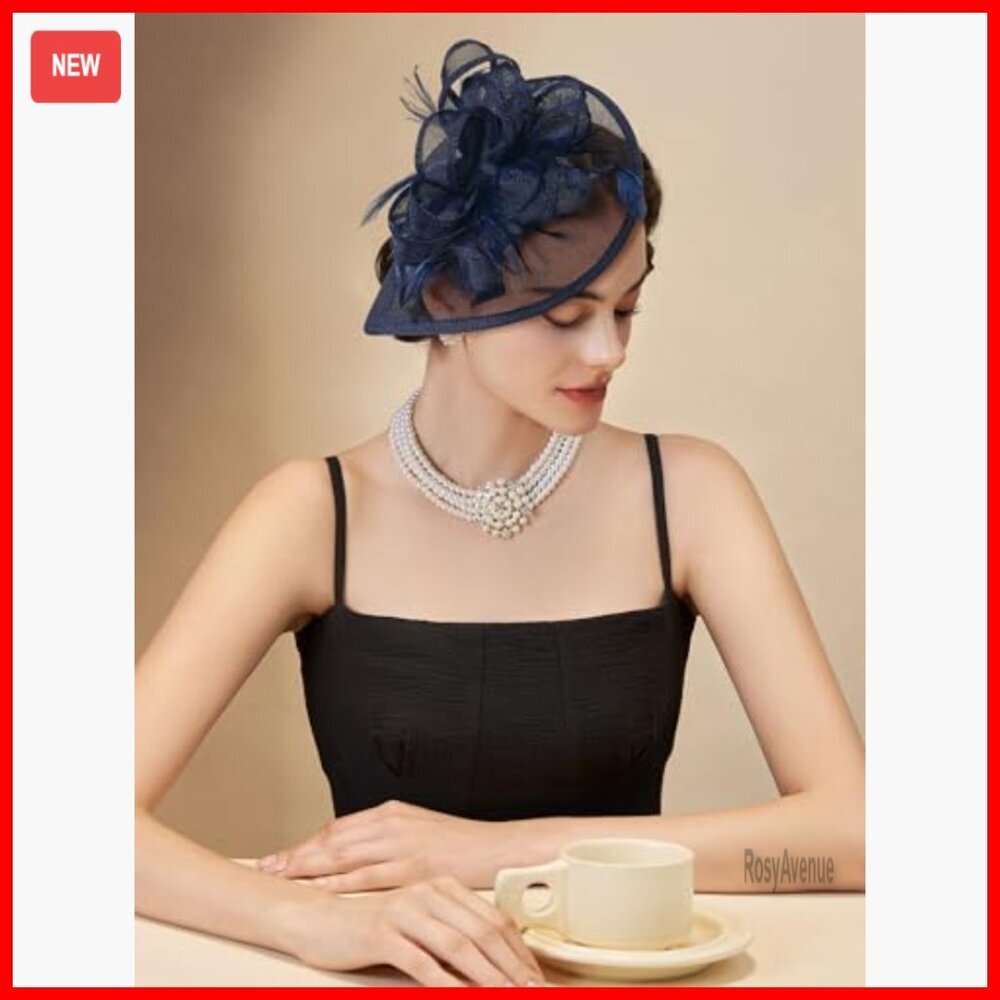 Women's Fascinator Hat with Feathers and Veil for Derby Wedding Tea Party - Picture 2 of 7